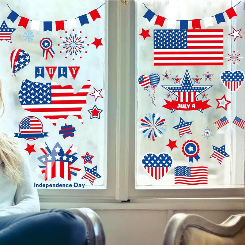 i-Beeboo 4th of July Patriotic Window Clings USA Double-Sided Window Art Decals USA Independence Memorial Day Stripes Star Fireworks Flags Balloon Decorations for Home School Office 9 Sheets (A) - Image 4
